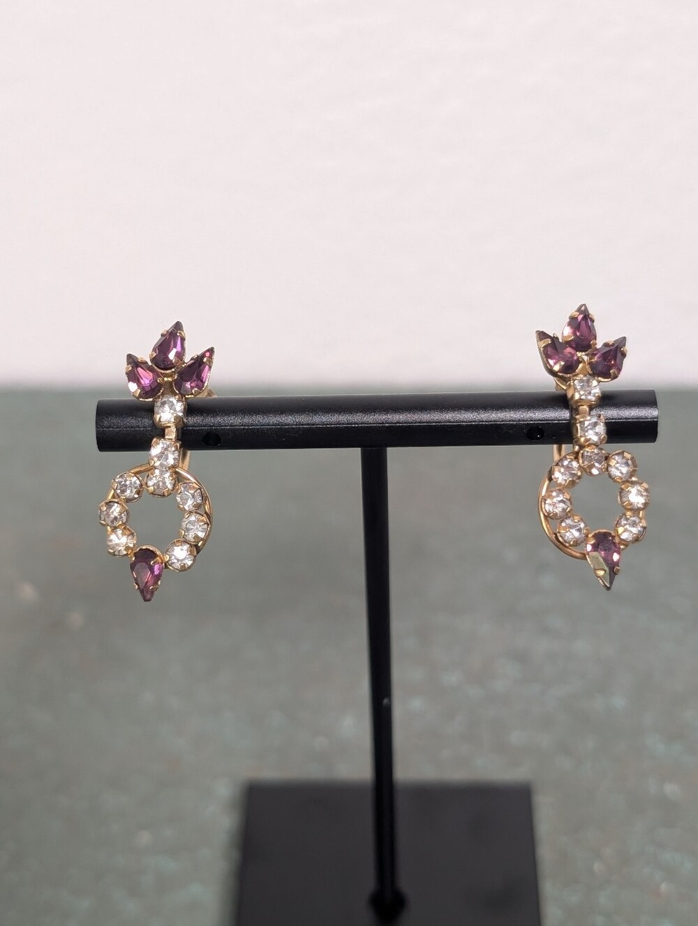 ART Co Purple Amethyst & Clear Rhinestone Clip On Dangle Earrings with Gold Tone